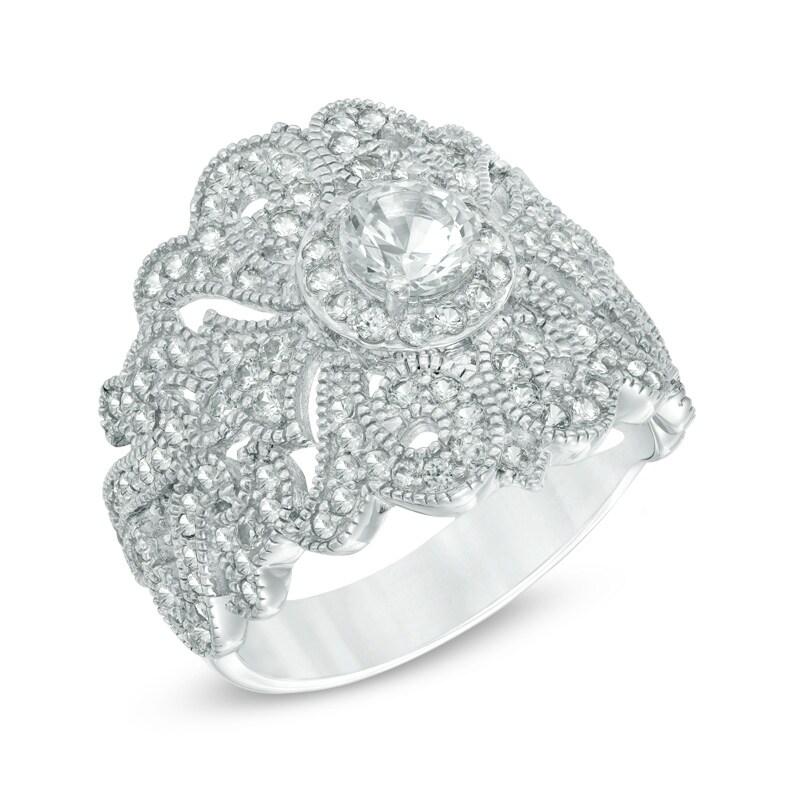 Main Image 2 of 5.0mm Lab-Created White Sapphire Art Deco Ring in Sterling Silver