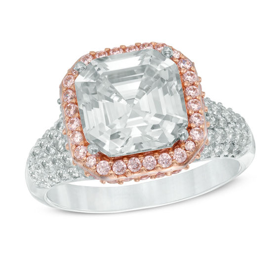 Princess-Cut Lab-Created White and Pink Sapphire Frame Ring in Sterling Silver and 18K Rose Gold Plate