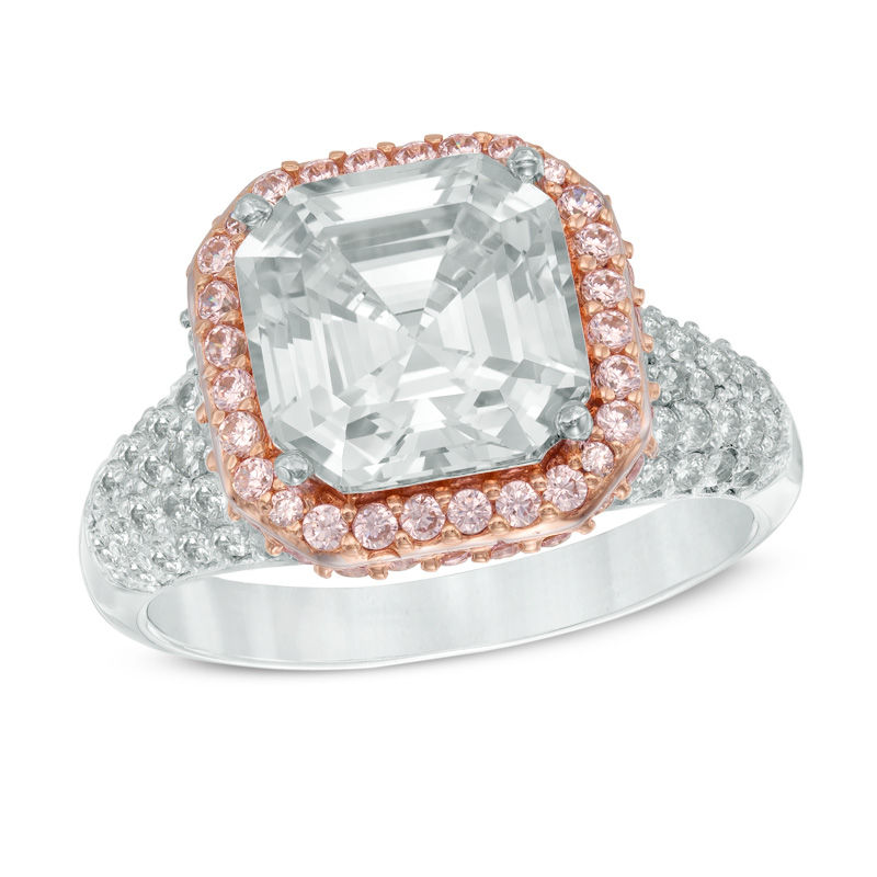 Main Image 1 of Princess-Cut Lab-Created White and Pink Sapphire Frame Ring in Sterling Silver and 18K Rose Gold Plate