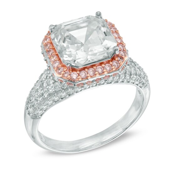 Princess-Cut Lab-Created White and Pink Sapphire Frame Ring in Sterling Silver and 18K Rose Gold Plate