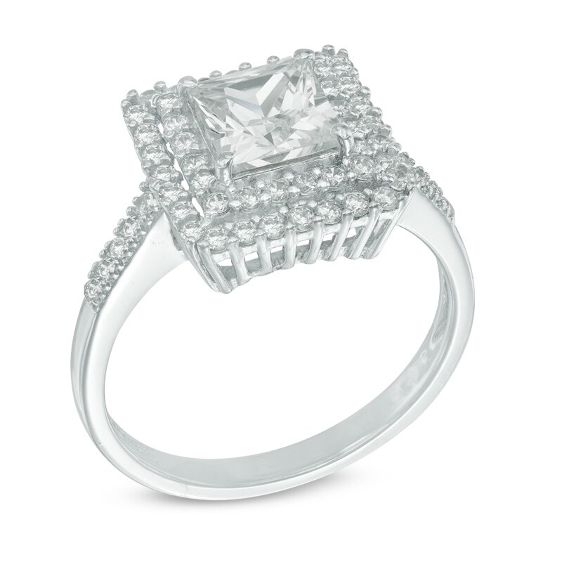 Main Image 2 of 6.0mm Princess-Cut Lab-Created White Sapphire Double Frame Ring in Sterling Silver