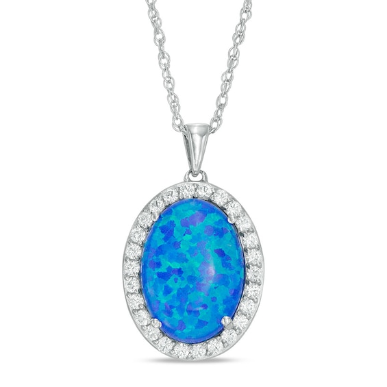 Oval Lab-Created Blue Opal and White Sapphire Frame Pendant in Sterling Silver