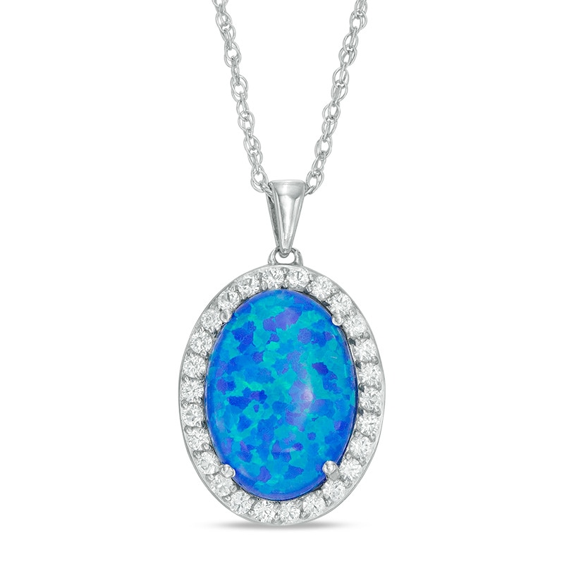 Main Image 1 of Oval Lab-Created Blue Opal and White Sapphire Frame Pendant in Sterling Silver
