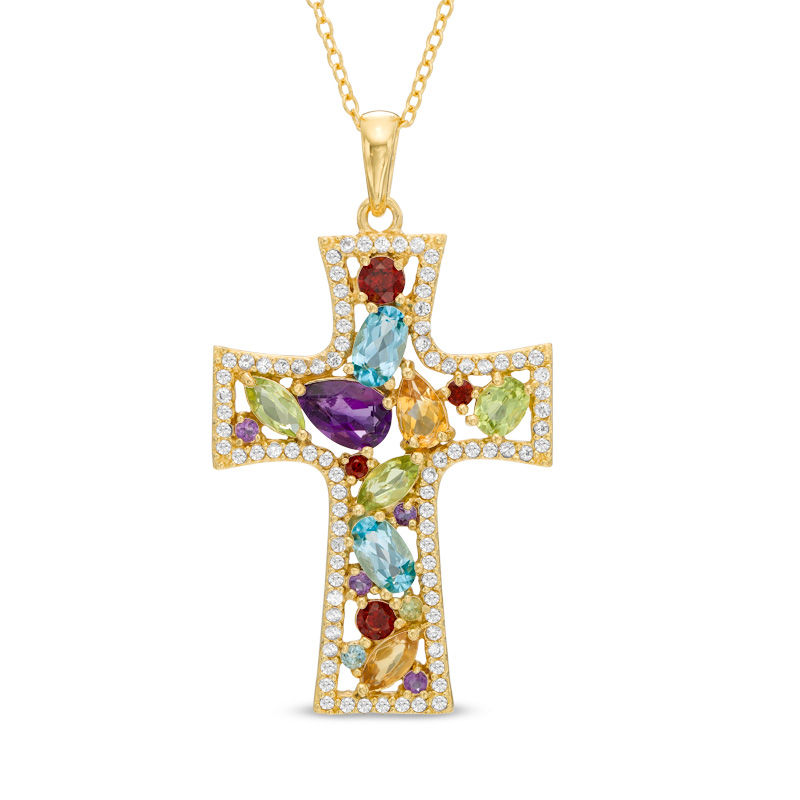 Multi-Gemstone Cluster Cross Pendant in Sterling Silver and 18K