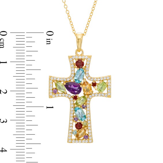 Multi-Gemstone Cluster Cross Pendant in Sterling Silver and 18K Gold Plate