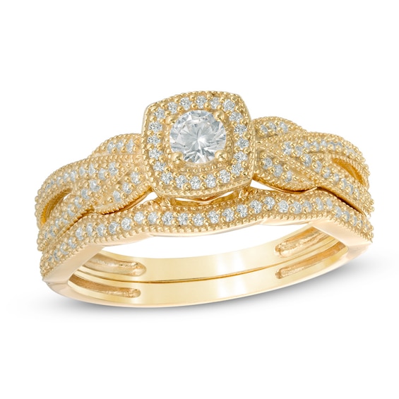 1/3 CT. T.w. Diamond Cushion Frame Vintage-Style Twist Shank Bridal Set in 10K Gold