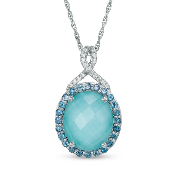 Oval Turquoise, London Blue Topaz and Lab-Created White Sapphire Doublet Pendant in Sterling Silver