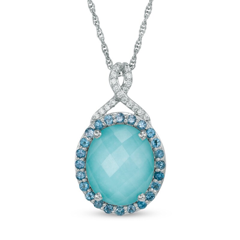 Main Image 1 of Oval Turquoise, London Blue Topaz and Lab-Created White Sapphire Doublet Pendant in Sterling Silver
