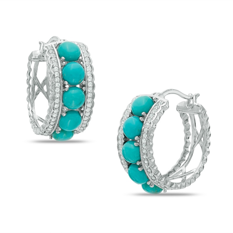 Main Image 1 of 5.0mm Turquoise and Lab-Created White Sapphire Hoop Earrings in Sterling Silver