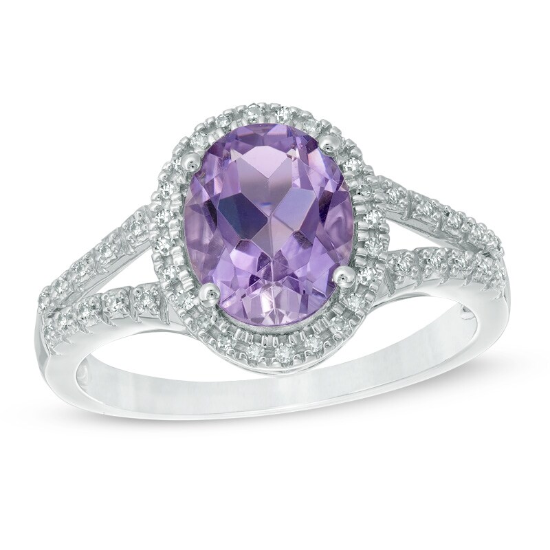 Oval Amethyst and 1/10 CT. T.W. Diamond Frame Ring in Sterling Silver