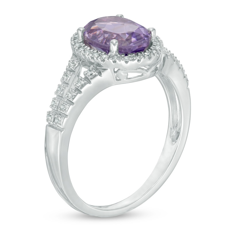 Oval Amethyst and 1/10 CT. T.W. Diamond Frame Ring in Sterling Silver