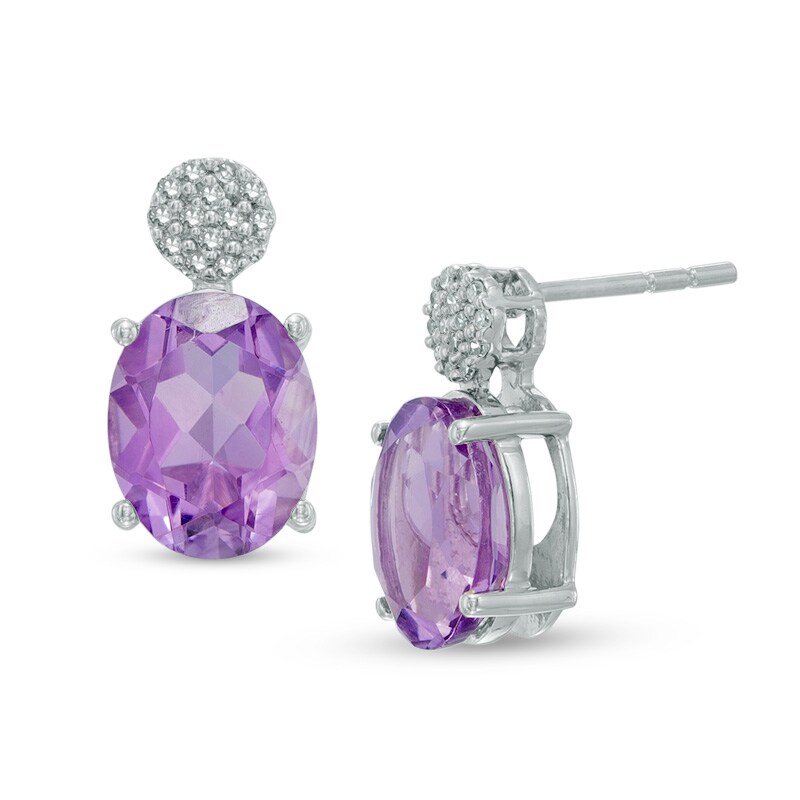 Main Image 1 of Oval Amethyst and Diamond Accent Drop Earrings in Sterling Silver