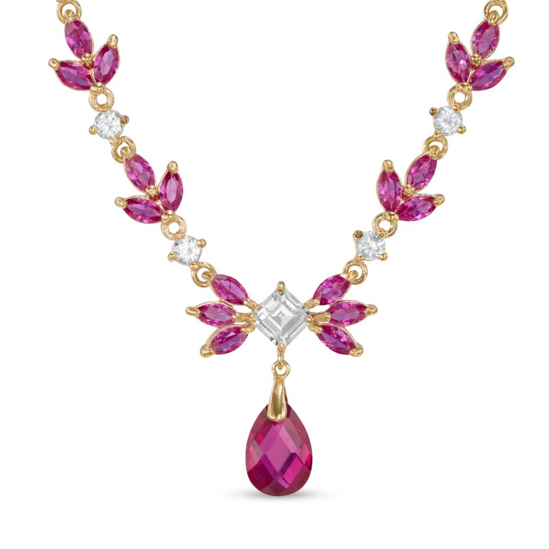Main Image 1 of Multi-Shaped Lab-Created Ruby and White Sapphire Flower Necklace in Sterling Silver and 18K Gold Plate - 17"