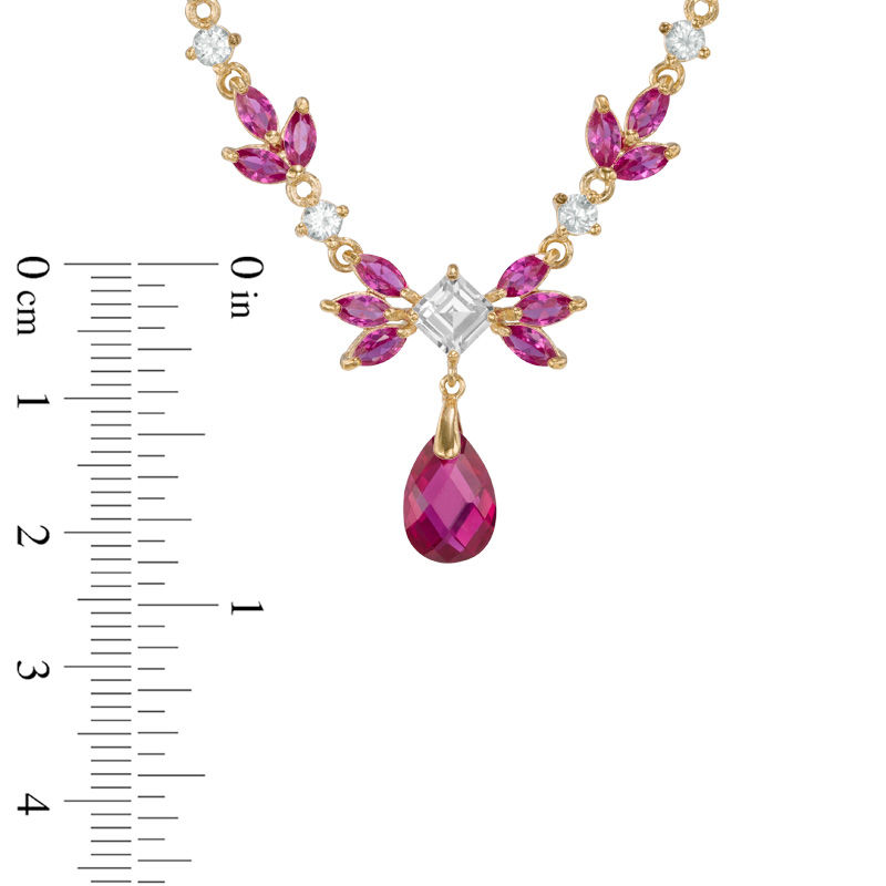 Main Image 2 of Multi-Shaped Lab-Created Ruby and White Sapphire Flower Necklace in Sterling Silver and 18K Gold Plate - 17"