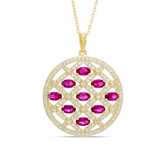 Oval Lab-Created Ruby and White Sapphire Lattice Pendant in Sterling Silver and 18K Gold Plate