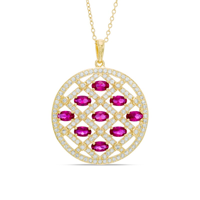 Main Image 1 of Oval Lab-Created Ruby and White Sapphire Lattice Pendant in Sterling Silver and 18K Gold Plate