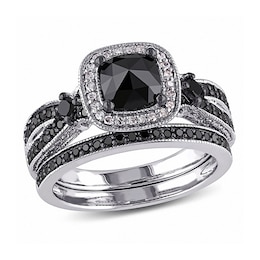 1-1/2 CT. T.W. Cushion-Shaped Black and White Diamond Square Frame Bridal Set in Sterling Silver