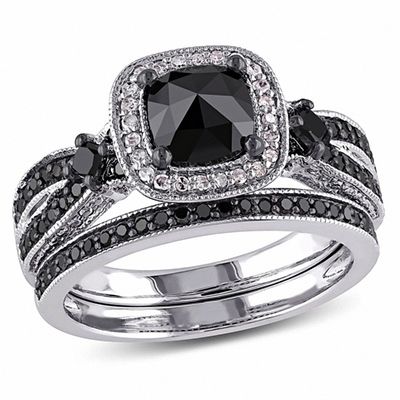 Silver Gems Factory 1.00 Ct Round Cut Black Cz Diamond & Cubic Zirconia 14k Black Gold Plated Cushion Halo Engagement Wedding Ring Set