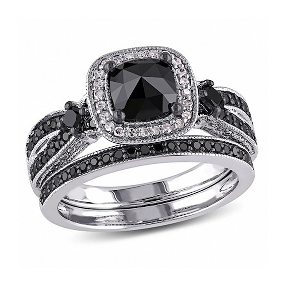 1-1/2 CT. T.w. Cushion-Shaped Black and White Diamond Square Frame Bridal Set in Sterling Silver