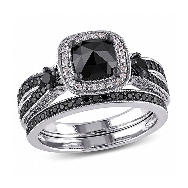 Main Image 1 of 1-1/2 CT. T.W. Cushion-Shaped Black and White Diamond Square Frame Bridal Set in Sterling Silver