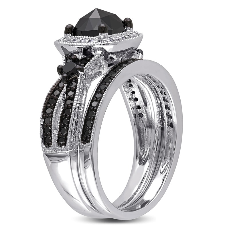 1-1/2 CT. T.W. Cushion-Cut Black and White Diamond Square Frame Bridal Set in Sterling Silver