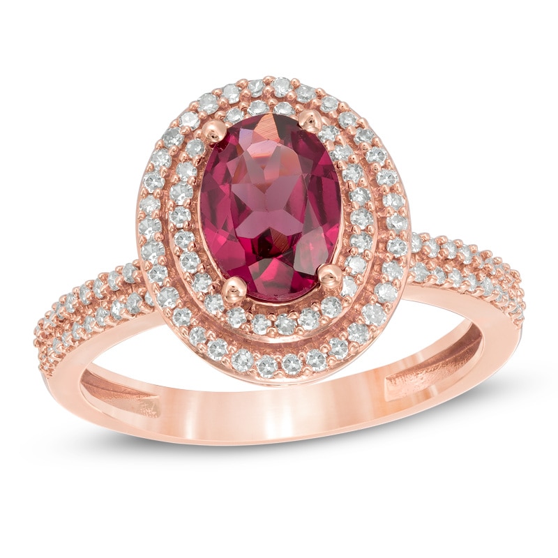 Main Image 1 of Oval Rhodolite Garnet and 1/2 CT. T.W. Diamond Double Frame Engagement Ring in 14K Rose Gold