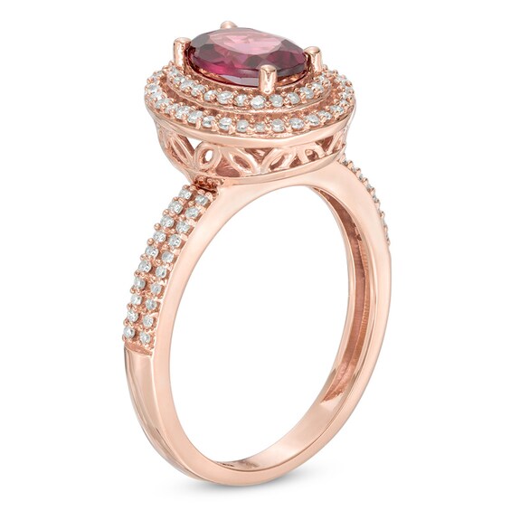 Oval Rhodolite Garnet and 1/2 CT. T.w. Diamond Double Frame Engagement Ring in 14K Rose Gold