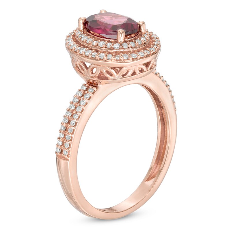 Main Image 2 of Oval Rhodolite Garnet and 1/2 CT. T.W. Diamond Double Frame Engagement Ring in 14K Rose Gold