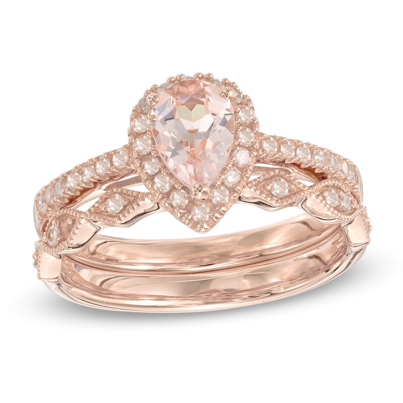 Main Image 1 of Pear-Shaped Morganite and 1/4 CT. T.W. Diamond Frame Vintage-Style Bridal Set in 14K Rose Gold