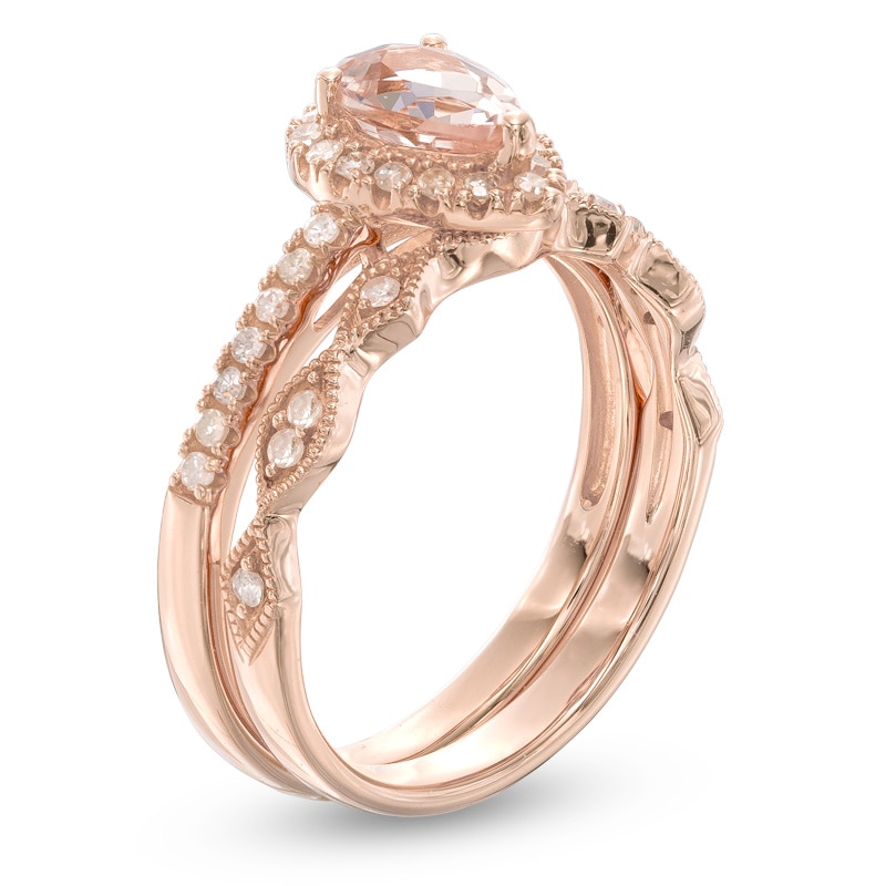 Main Image 2 of Pear-Shaped Morganite and 1/4 CT. T.W. Diamond Frame Vintage-Style Bridal Set in 14K Rose Gold