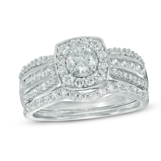1-1/10 CT. T.w. Diamond Cushion Frame Multi-Row Bridal Set in 10K White Gold