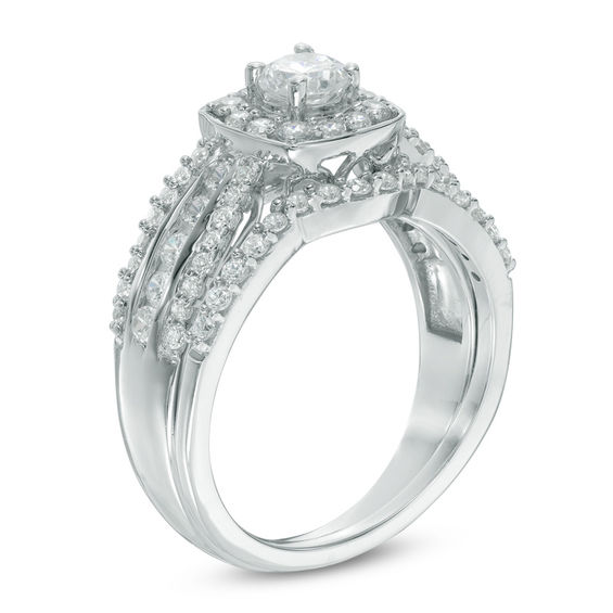 1-1/10 CT. T.w. Diamond Cushion Frame Multi-Row Bridal Set in 10K White Gold