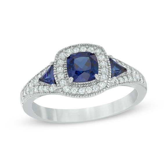5.0mm Cushion-Cut Lab-Created Blue and White Sapphire Frame Ring in Sterling Silver