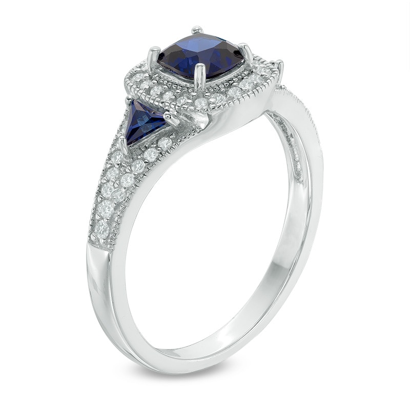 Main Image 2 of 5.0mm Cushion-Cut Lab-Created Blue and White Sapphire Frame Ring in Sterling Silver