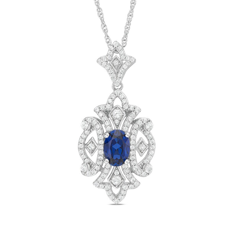 Main Image 1 of Oval Lab-Created Blue and White Sapphire Vintage-Style Pendant in Sterling Silver