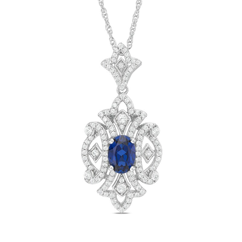 Oval Lab-Created Blue and White Sapphire Vintage-Style Pendant in Sterling Silver