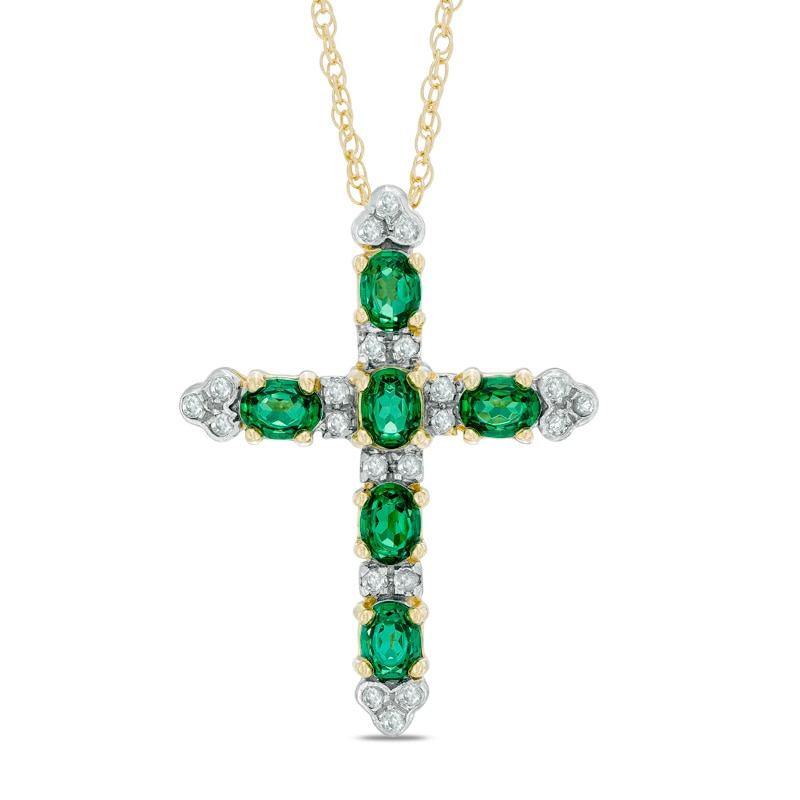 Main Image 1 of Lab-Created Green Spinel Doublet and White Sapphire Cross Pendant in Sterling Silver and 14K Gold Plate