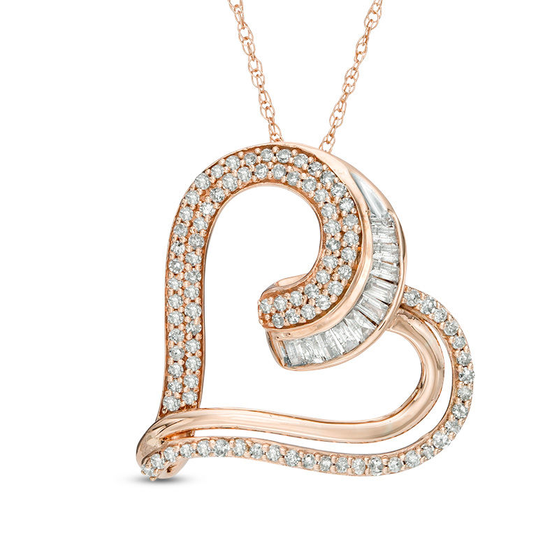 Main Image 1 of 1/2 CT. T.W. Diamond Tilted Heart Pendant in 10K Rose Gold