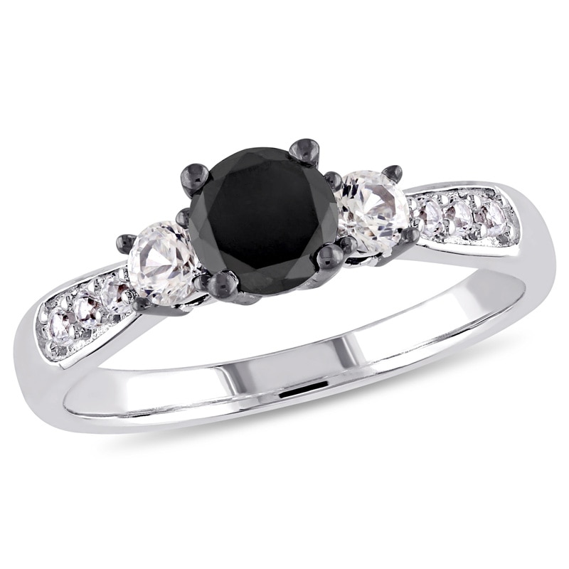 3/4 CT. Black Diamond and Lab-Created White Sapphire Three Stone Engagement Ring in Sterling Silver
