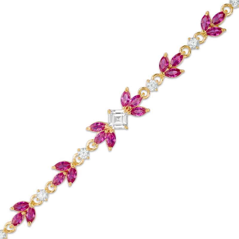 Lab-Created Ruby and White Sapphire Flower Bracelet in Sterling Silver and 18K Gold Plate - 7.25"