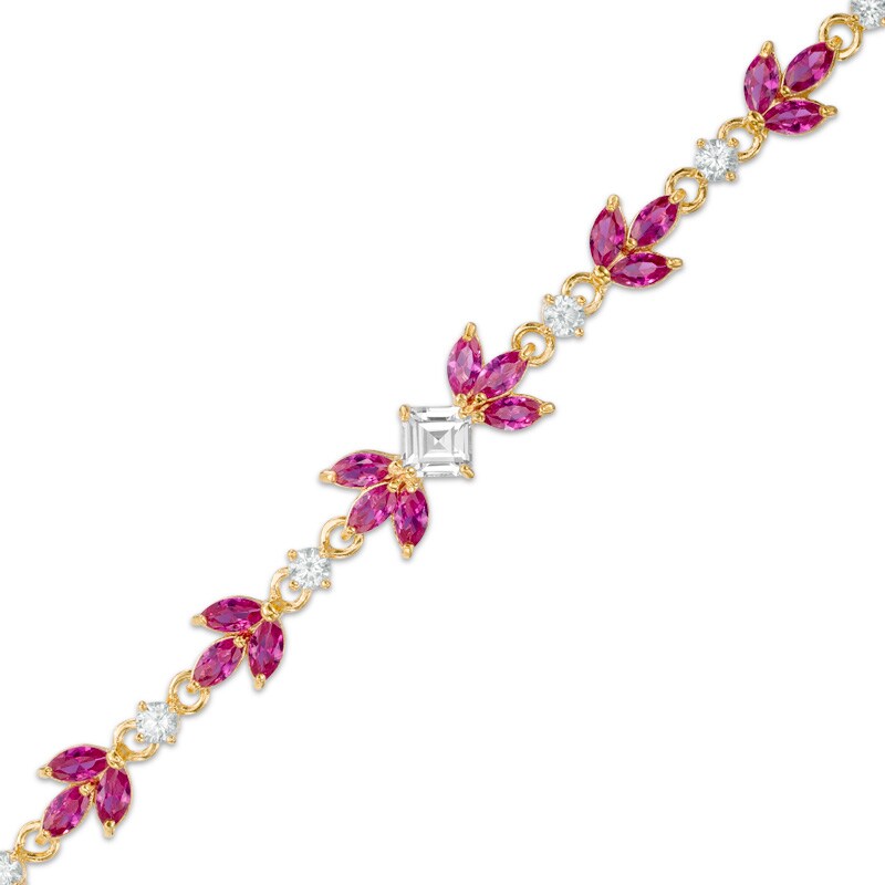Main Image 1 of Lab-Created Ruby and White Sapphire Flower Bracelet in Sterling Silver and 18K Gold Plate - 7.25&quot;