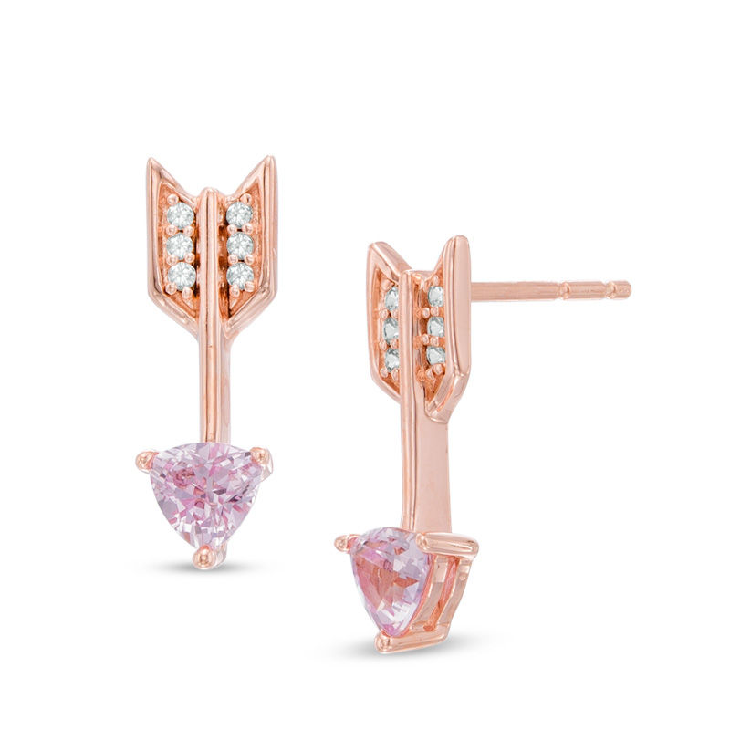Main Image 1 of Trillion-Cut Lab-Created Pink and White Sapphire Arrow Stud Earrings in Sterling Silver and 14K Gold Plate