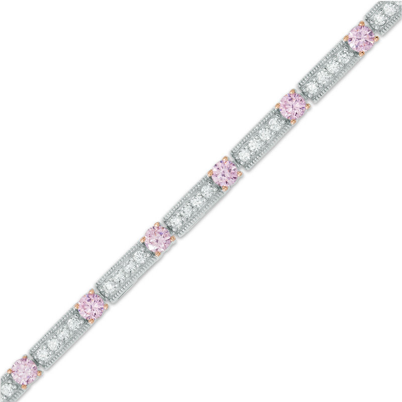 Lab-Created Pink Sapphire and White Sapphire Line Bracelet in Sterling Silver and 18K Rose Gold Plate - 7.25"