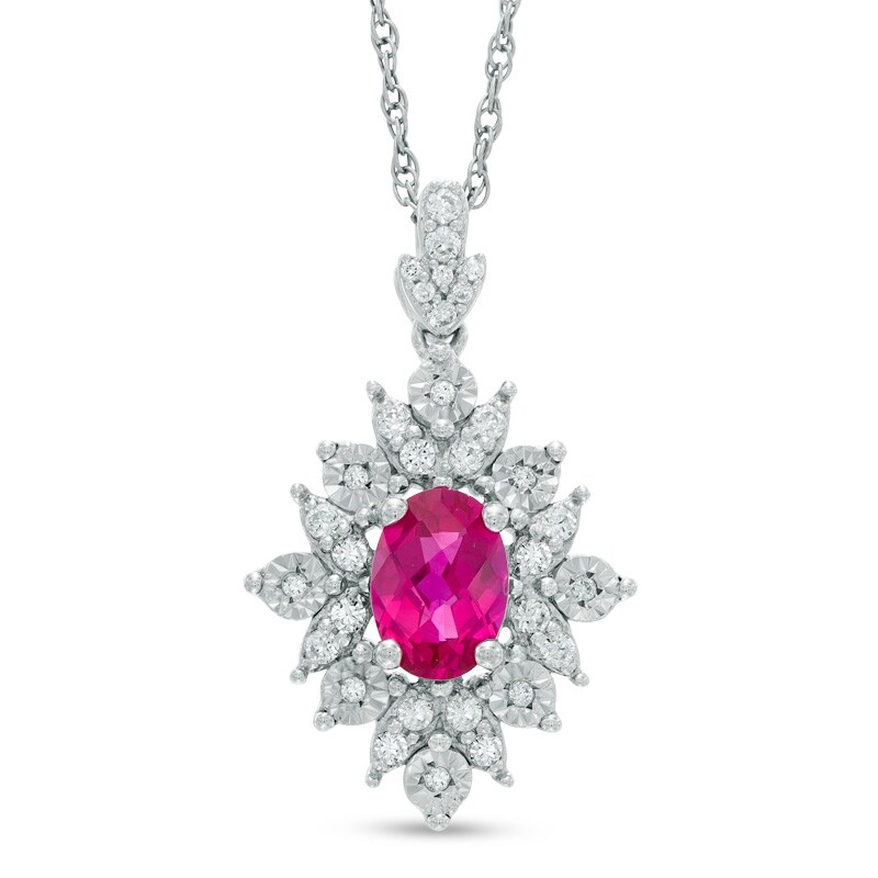 Main Image 1 of Oval Lab-Created Ruby and White Sapphire Starburst Frame Pendant in Sterling Silver