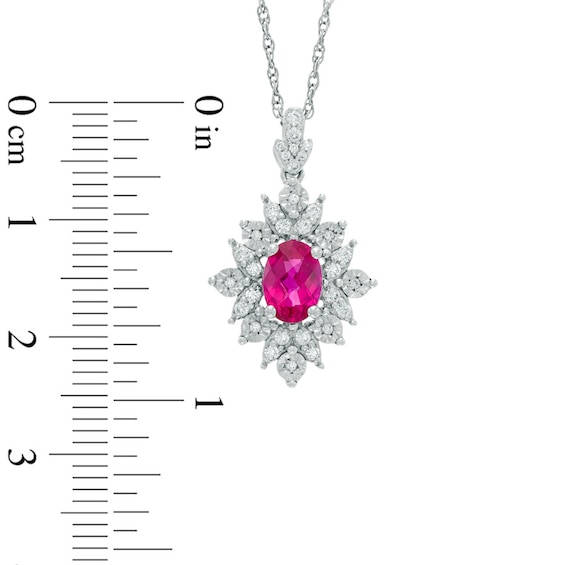 Oval Lab-Created Ruby and White Sapphire Starburst Frame Pendant in Sterling Silver