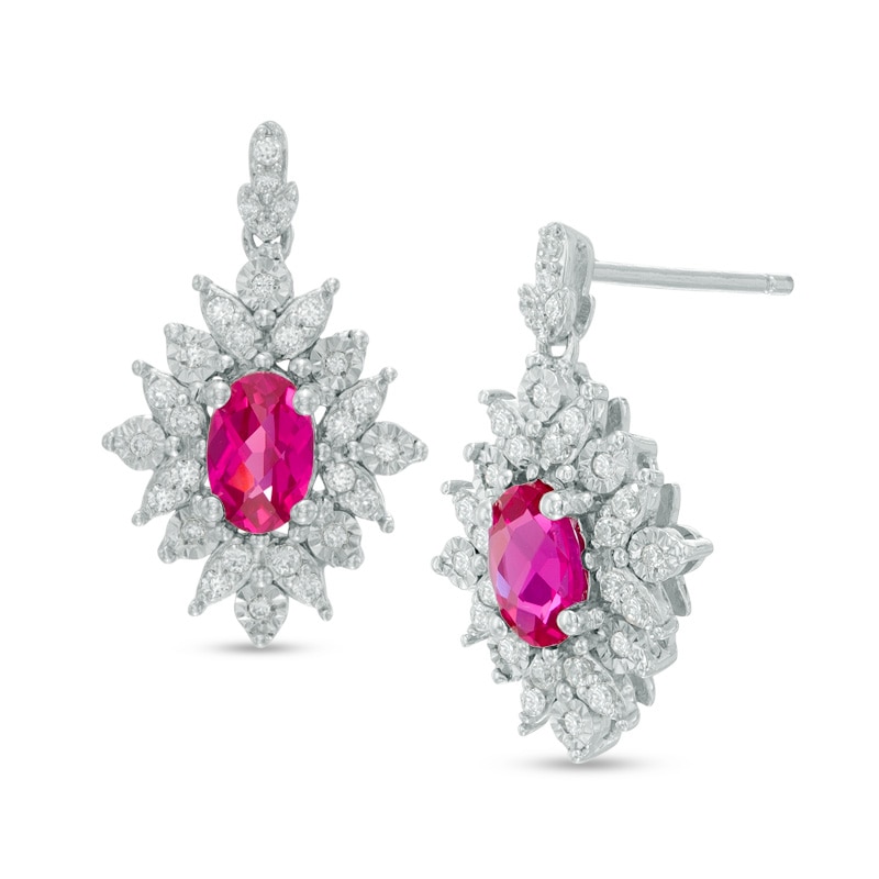 Main Image 1 of Oval Lab-Created Ruby and White Sapphire Starburst Drop Earrings in Sterling Silver