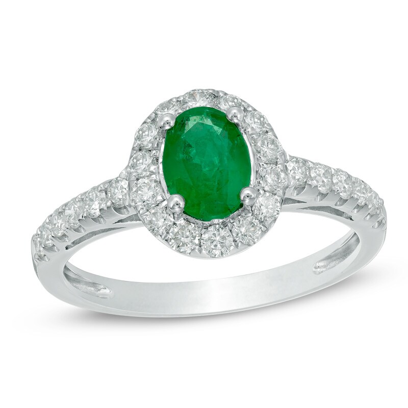 Main Image 1 of Oval Emerald and 1/2 CT. T.W. Diamond Frame Engagement Ring in 14K White Gold