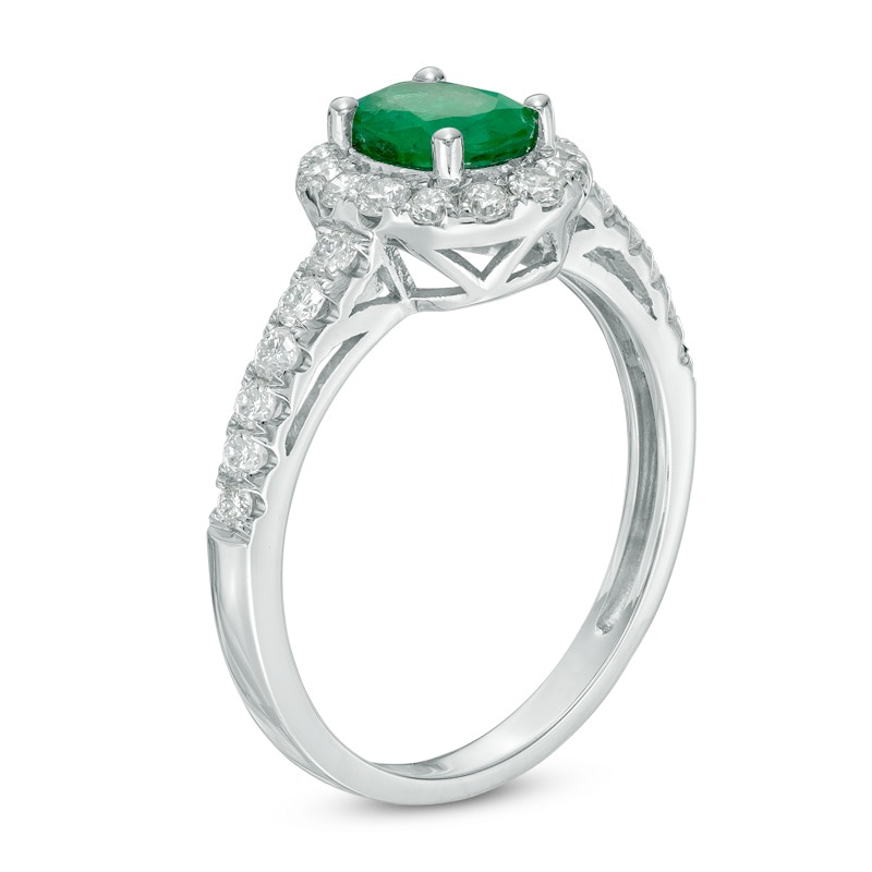 Main Image 2 of Oval Emerald and 1/2 CT. T.W. Diamond Frame Engagement Ring in 14K White Gold