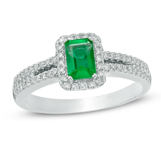 Emerald and 1/3 CT. T.w. Diamond Frame Engagement Ring in 14K White Gold