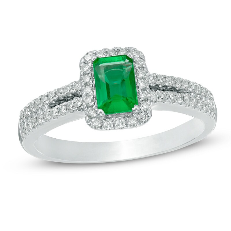 Main Image 1 of Emerald and 1/3 CT. T.W. Diamond Frame Engagement Ring in 14K White Gold